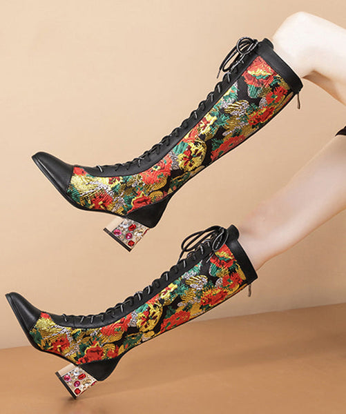 Stylish Black Boots Lace Up Print Genuine Leather Chunky Boots RT1068 Ada Fashion
