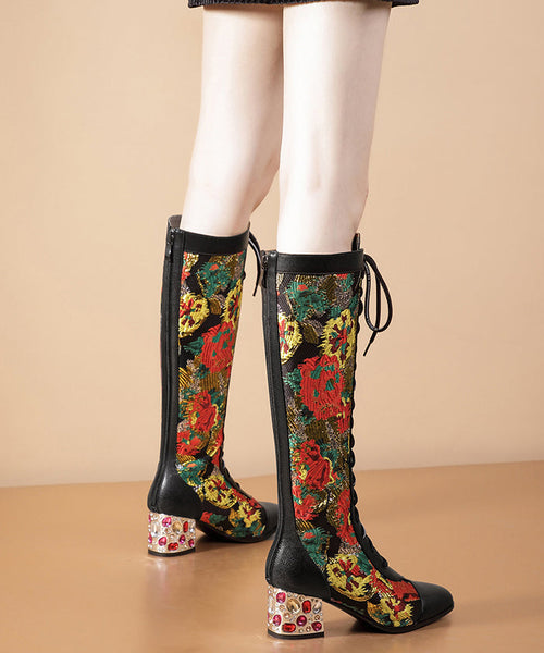 Stylish Black Boots Lace Up Print Genuine Leather Chunky Boots RT1068 Ada Fashion