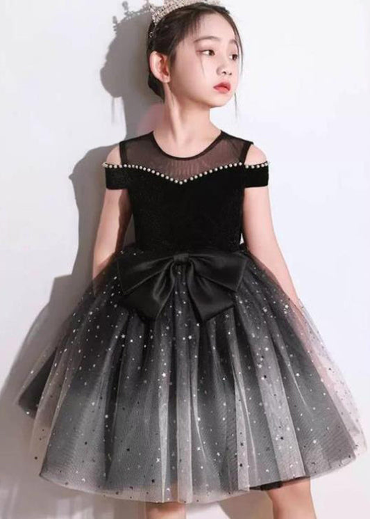 Stylish Black Bow Nail Bead Tulle Kids Holiday Mid Dress Short Sleeve EW006 WS-JRTZSDM240810