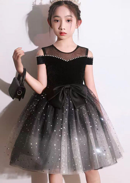 Stylish Black Bow Nail Bead Tulle Kids Holiday Mid Dress Short Sleeve EW006 WS-JRTZSDM240810