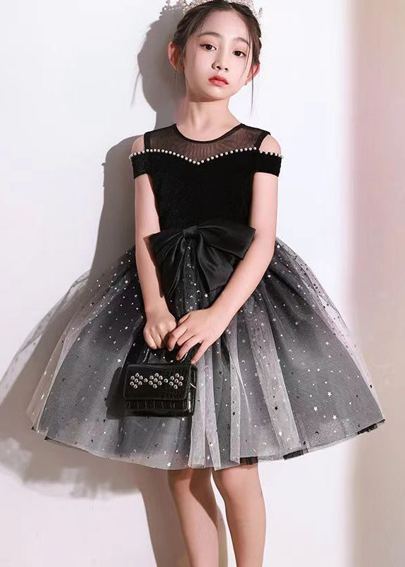 Stylish Black Bow Nail Bead Tulle Kids Holiday Mid Dress Short Sleeve EW006 WS-JRTZSDM240810