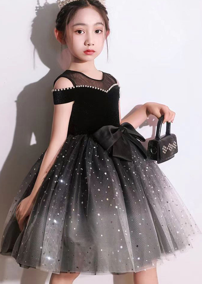 Stylish Black Bow Nail Bead Tulle Kids Holiday Mid Dress Short Sleeve EW006 WS-JRTZSDM240810