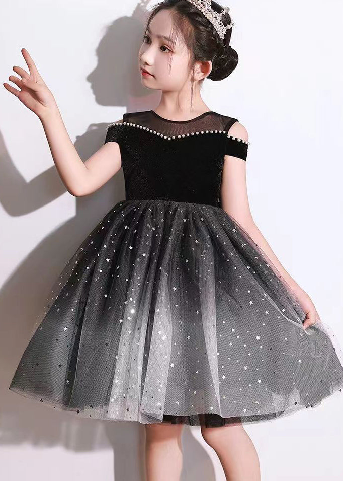 Stylish Black Bow Nail Bead Tulle Kids Holiday Mid Dress Short Sleeve EW006 WS-JRTZSDM240810