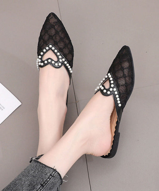 Stylish Black Breathable Mesh Splicing Slide Sandals Nail Bead JJ051 Shoe-LT240609