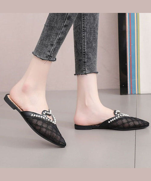 Stylish Black Breathable Mesh Splicing Slide Sandals Nail Bead JJ051 Shoe-LT240609