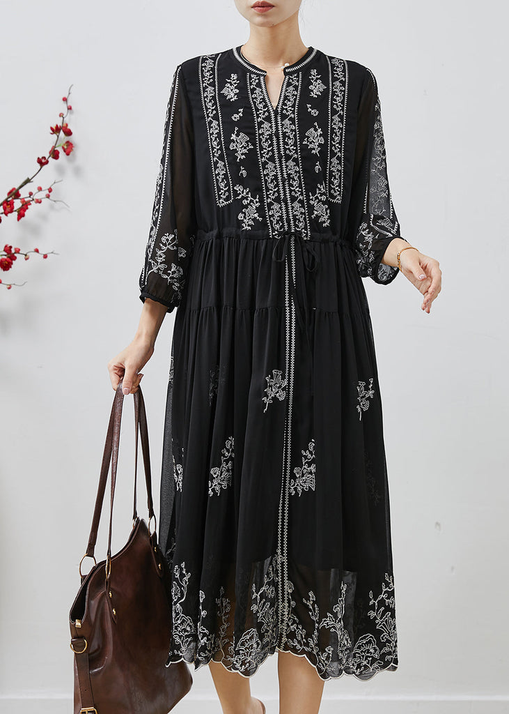 Stylish Black Embroidered Chiffon Cinched Dresses Summer AP1063 AM-SDL240904