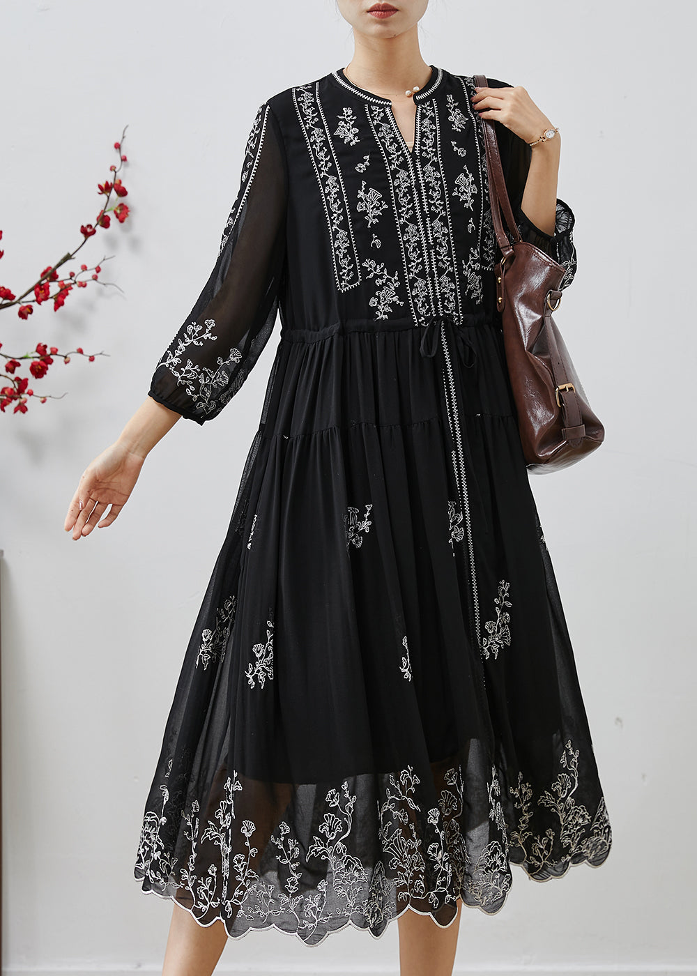 Stylish Black Embroidered Chiffon Cinched Dresses Summer AP1063 AM-SDL240904