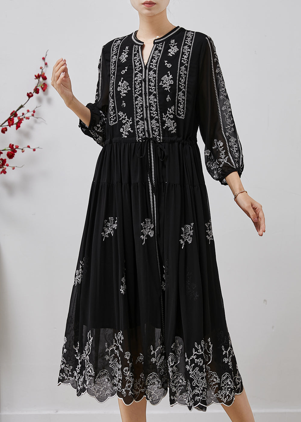 Stylish Black Embroidered Chiffon Cinched Dresses Summer AP1063 AM-SDL240904