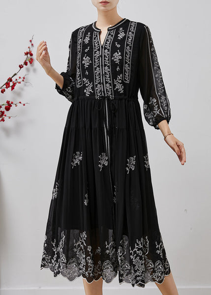 Stylish Black Embroidered Chiffon Cinched Dresses Summer AP1063 AM-SDL240904