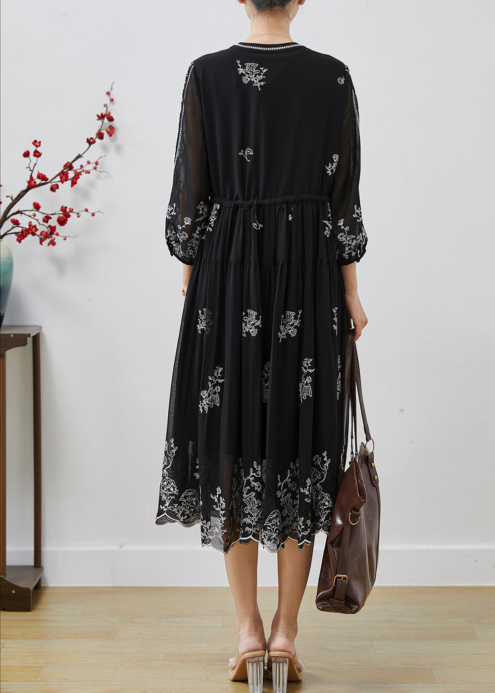Stylish Black Embroidered Chiffon Cinched Dresses Summer AP1063 AM-SDL240904