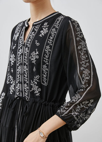 Stylish Black Embroidered Chiffon Cinched Dresses Summer AP1063 AM-SDL240904