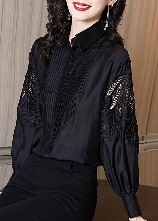 Stylish Black Embroidered Hollow Out Shirt Puff Sleeve TE026 ABC
