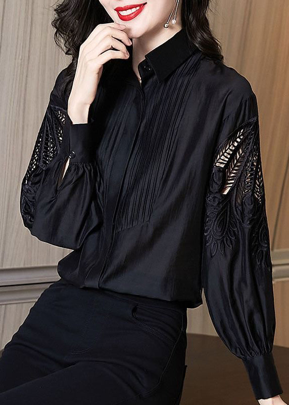 Stylish Black Embroidered Hollow Out Shirt Puff Sleeve TE026 ABC