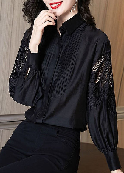 Stylish Black Embroidered Hollow Out Shirt Puff Sleeve TE026 ABC