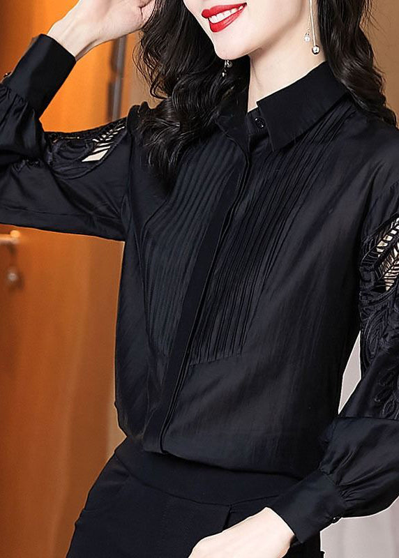Stylish Black Embroidered Hollow Out Shirt Puff Sleeve TE026 ABC