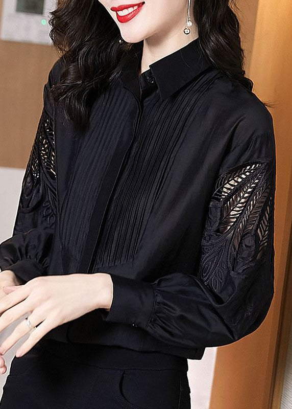 Stylish Black Embroidered Hollow Out Shirt Puff Sleeve TE026 ABC