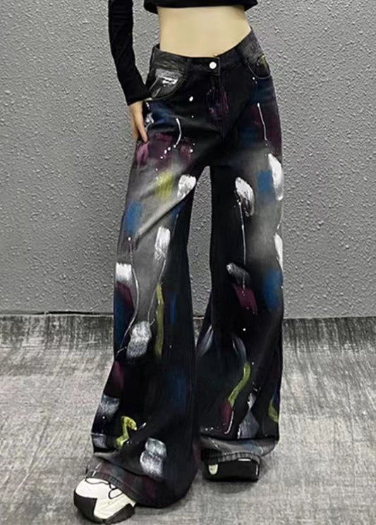 Stylish Black Graffiti High Waist Denim Wide Leg Pants Fall WP049 NZ-LPTS241107