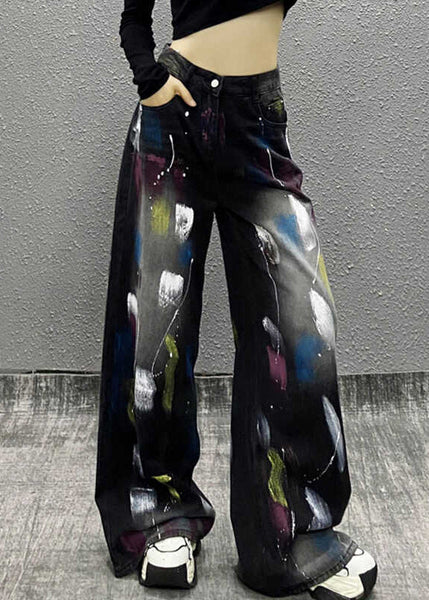 Stylish Black Graffiti High Waist Denim Wide Leg Pants Fall WP049 NZ-LPTS241107