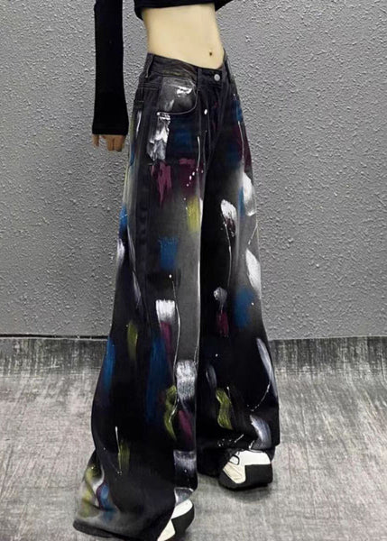 Stylish Black Graffiti High Waist Denim Wide Leg Pants Fall WP049 NZ-LPTS241107