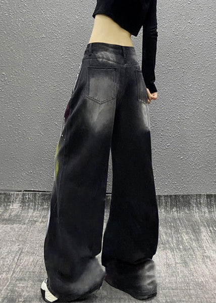 Stylish Black Graffiti High Waist Denim Wide Leg Pants Fall WP049 NZ-LPTS241107