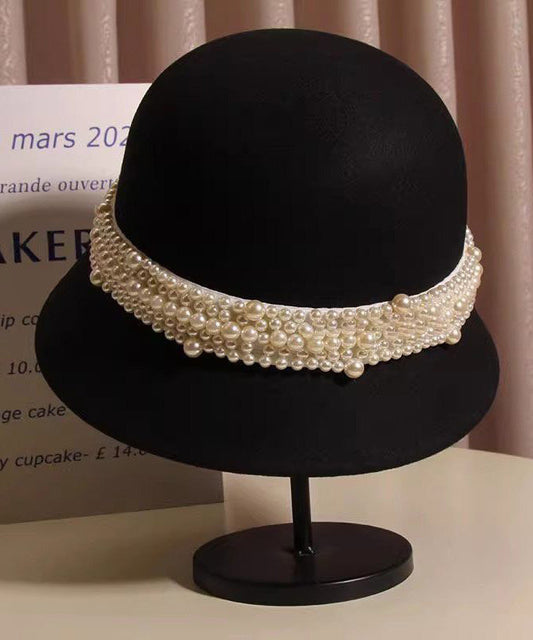 Bucket Black Woolen Nail Hat Handmade Bead Stylish FashionChic