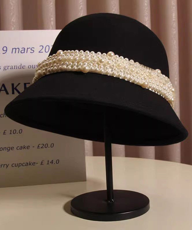 Bucket Black Woolen Nail Hat Handmade Bead Stylish FashionChic