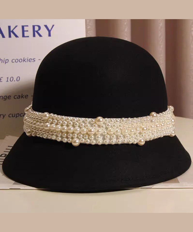 Bucket Black Woolen Nail Hat Handmade Bead Stylish FashionChic