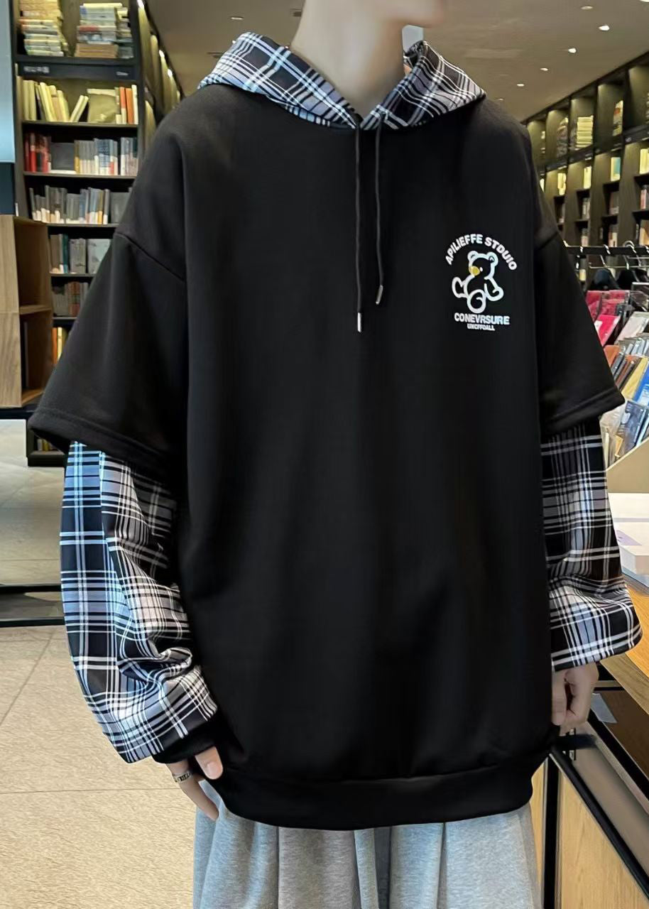 Spring Sweatshirts Patchwork Hooded Stylish Mens Cotton Black FashionChic