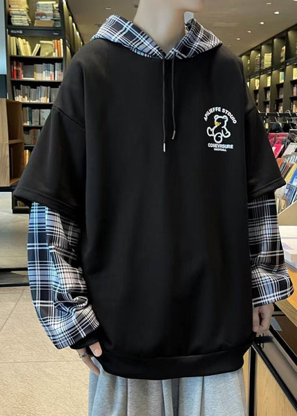 Spring Sweatshirts Patchwork Hooded Stylish Mens Cotton Black FashionChic