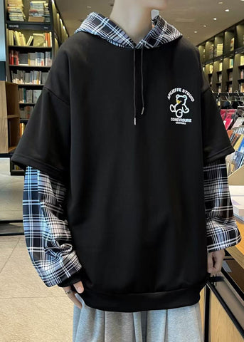 Spring Sweatshirts Patchwork Hooded Stylish Mens Cotton Black FashionChic