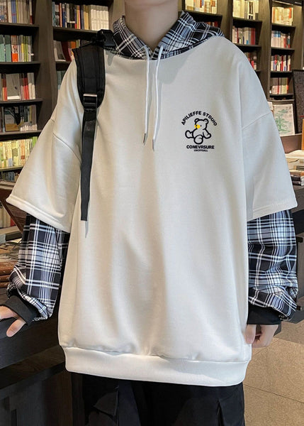 Spring Sweatshirts Patchwork Hooded Stylish Mens Cotton Black FashionChic