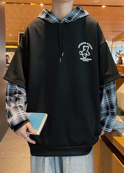 Spring Sweatshirts Patchwork Hooded Stylish Mens Cotton Black FashionChic