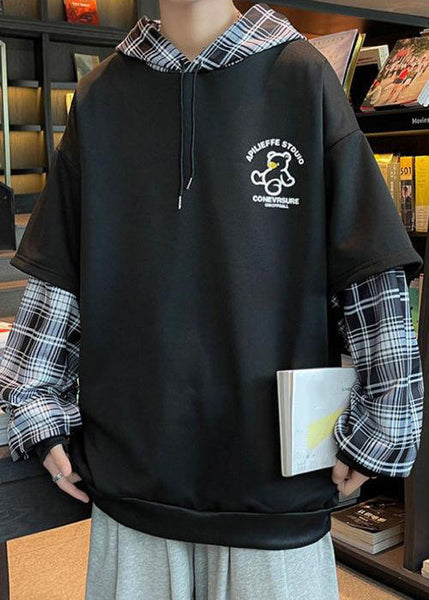 Spring Sweatshirts Patchwork Hooded Stylish Mens Cotton Black FashionChic