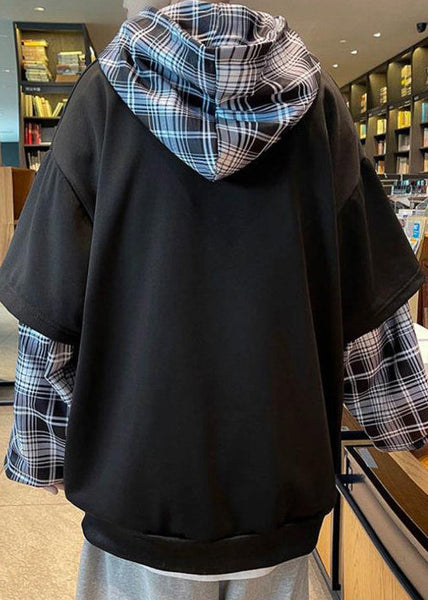 Spring Sweatshirts Patchwork Hooded Stylish Mens Cotton Black FashionChic
