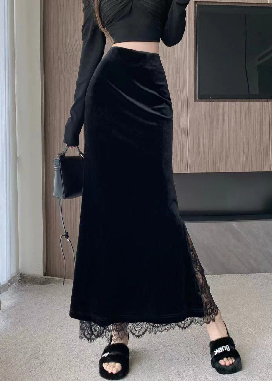 Lace Stylish Velvet Skirts Spring Black Patchwork Silk FashionChic