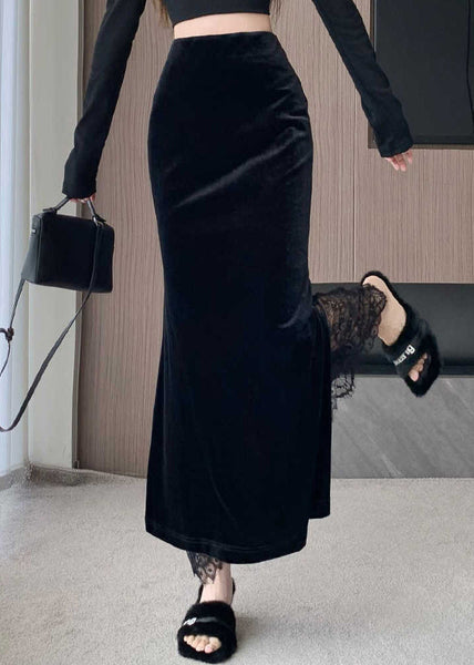 Lace Stylish Velvet Skirts Spring Black Patchwork Silk FashionChic