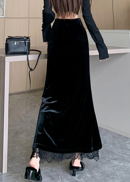 Lace Stylish Velvet Skirts Spring Black Patchwork Silk FashionChic