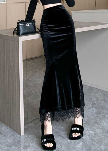 Lace Stylish Velvet Skirts Spring Black Patchwork Silk FashionChic