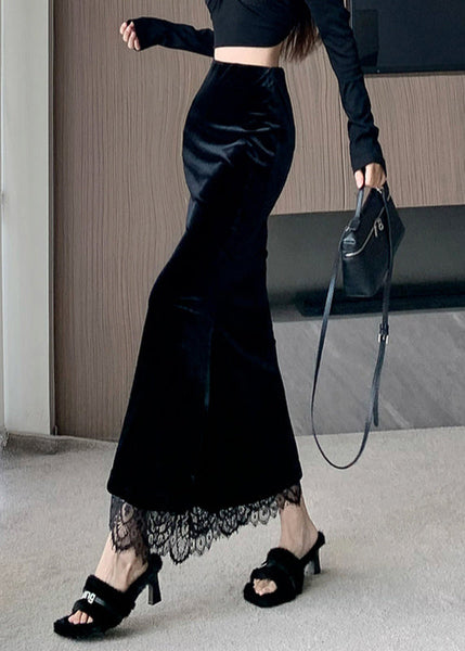 Lace Stylish Velvet Skirts Spring Black Patchwork Silk FashionChic
