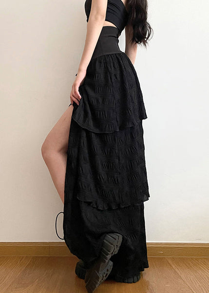 Stylish Black Lace Up Side Open Cotton Skirt Summer PP005 OM-NZ240827