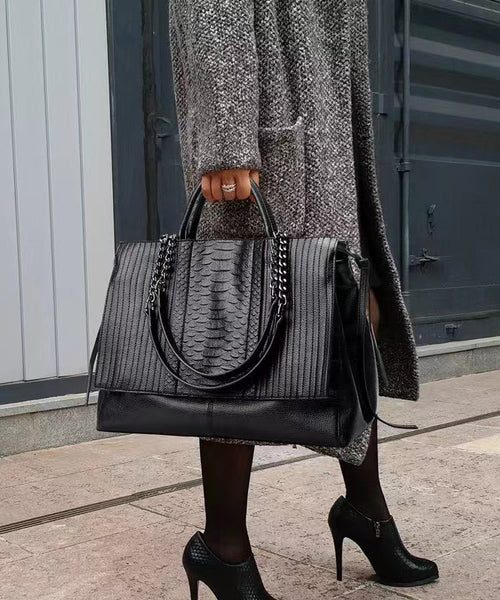 Stylish Black Large Capacity Calf Leather Tote Handbag WI038 Bag-BGS241105