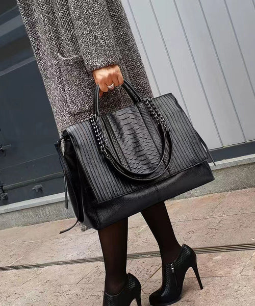 Stylish Black Large Capacity Calf Leather Tote Handbag WI038 Bag-BGS241105