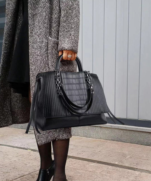 Stylish Black Large Capacity Calf Leather Tote Handbag WI038 Bag-BGS241105