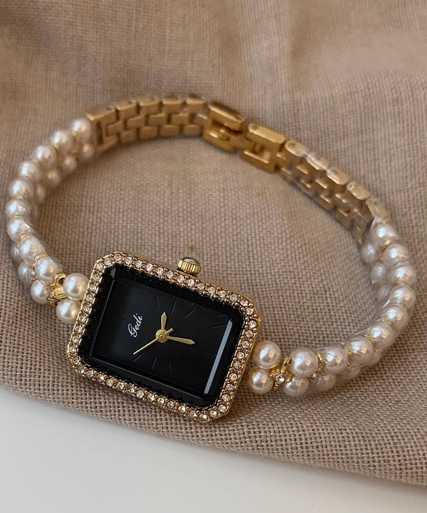 Stylish Black Metal Square Chain Pearl Watch YI049 ABC