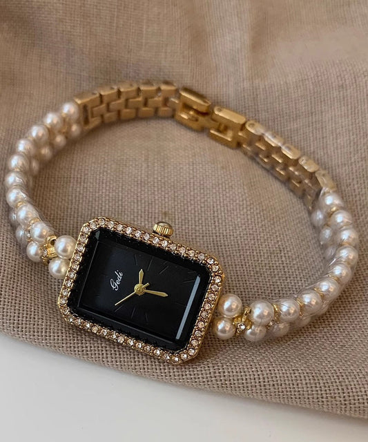 Stylish Black Metal Square Chain Pearl Watch YI049 ABC