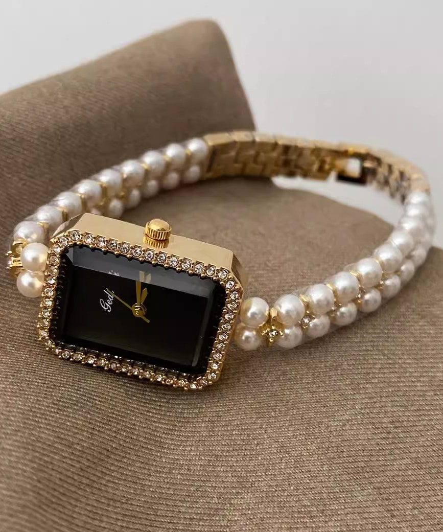 Stylish Black Metal Square Chain Pearl Watch YI049 ABC