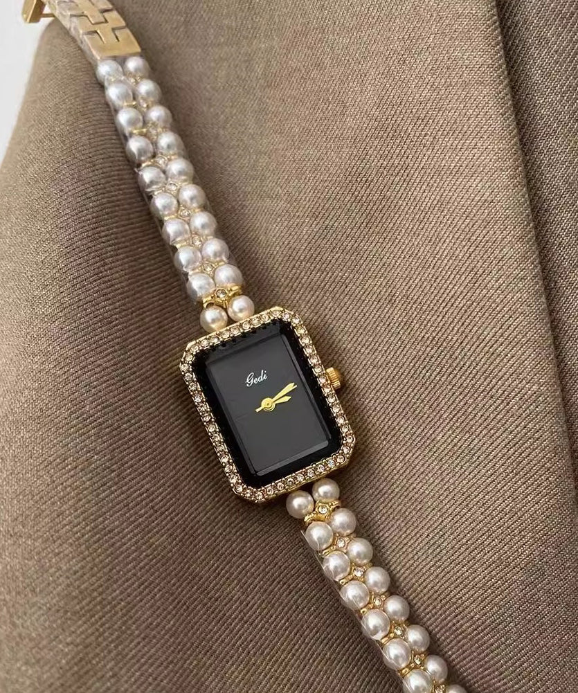 Stylish Black Metal Square Chain Pearl Watch YI049 ABC