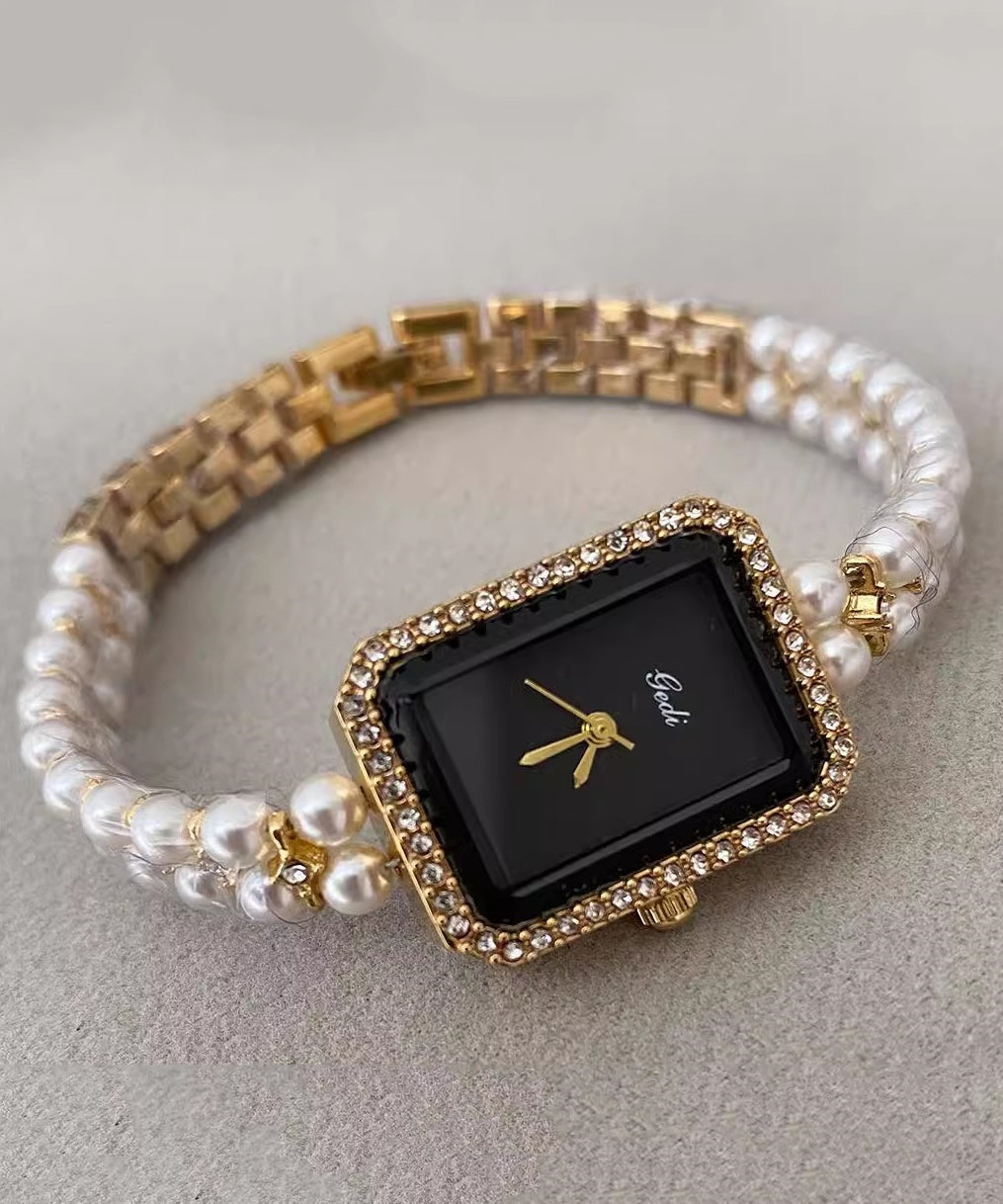Stylish Black Metal Square Chain Pearl Watch YI049 ABC