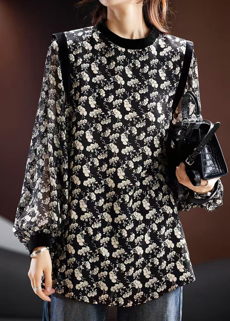 Stylish Black Fall Print Blouse Chiffon O Neck FashionChic
