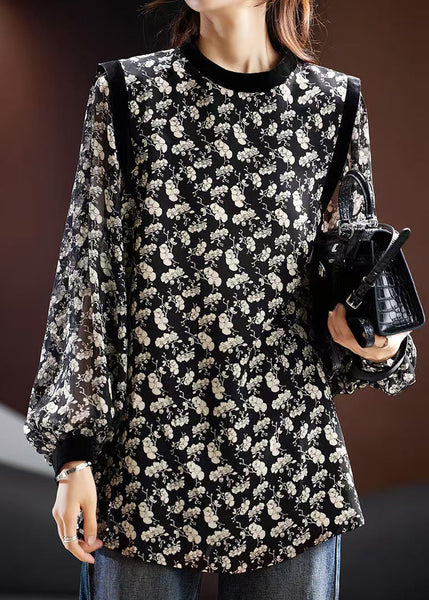 Stylish Black Fall Print Blouse Chiffon O Neck FashionChic